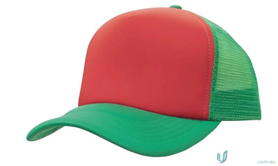 Red and green trucker hat from Truckers Mesh Cap, perfect for workwear or uniforms faq link