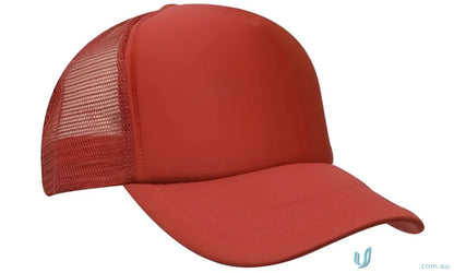 Red trucker hat from Truckers Mesh Cap, great for uniforms and workwear, faq link included