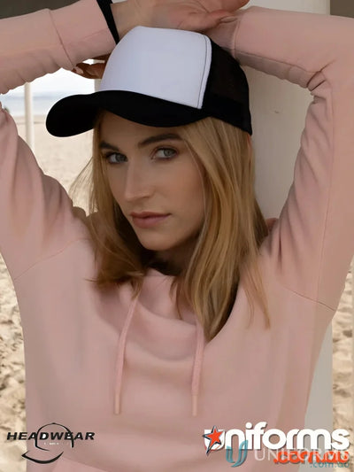 Black and white trucker hat from Truckers Mesh Cap, perfect for workwear or uniforms