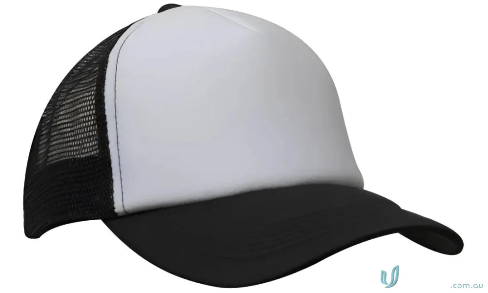 Black and white trucker hat from Truckers Mesh Cap, perfect for uniforms or workwear
