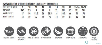 Clothing size chart and fabric properties for Truedry Biomotion Segmented LS Safety Polo