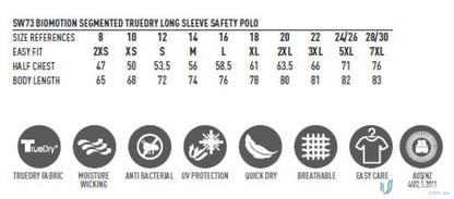 Clothing size chart and fabric info for Truedry® Biomotion Safety Safety Polo