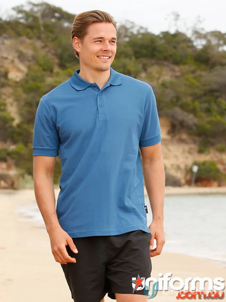 Man in Winning Spirit TrueDry Connection Pique Polo shirt and black shorts