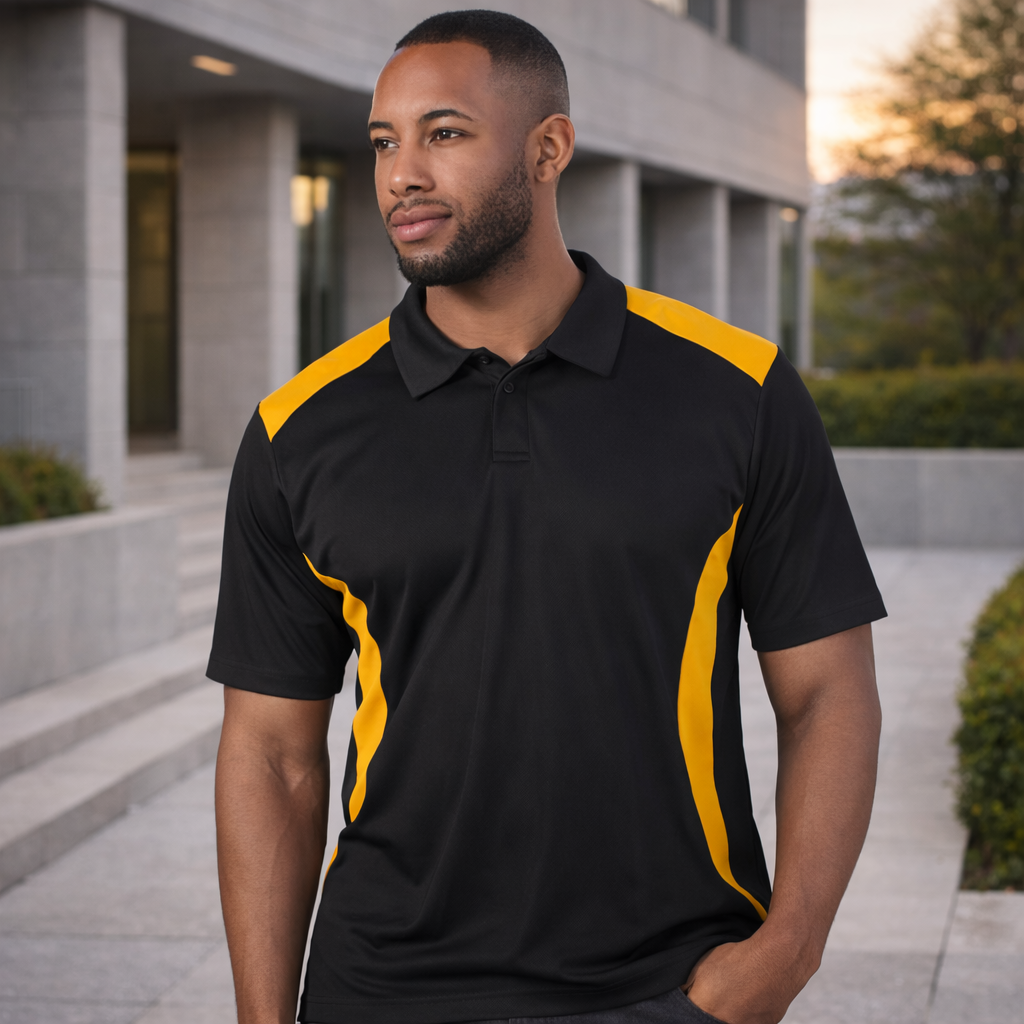 TrueDry Contrast Polo black yellow short sleeve polo with panels