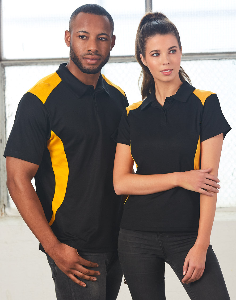 TrueDry Winner Polo black yellow short sleeve polo with contrast shoulders