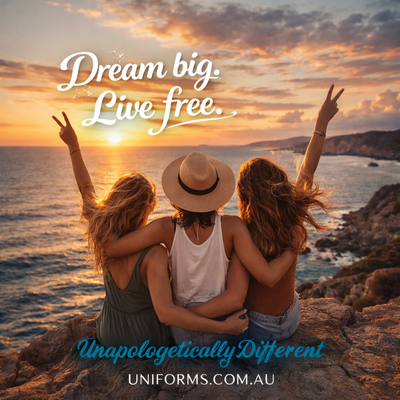 Three women in TrueDry winner polo make peace signs at sunset