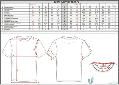 Men’s T-Shirt Size Chart for TS104 Custom T-Shirt made with sublimated sports fabric