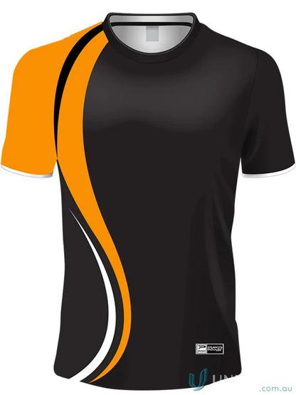 Black and orange athletic T-shirt from TS110 custom made sublimated sports fabric