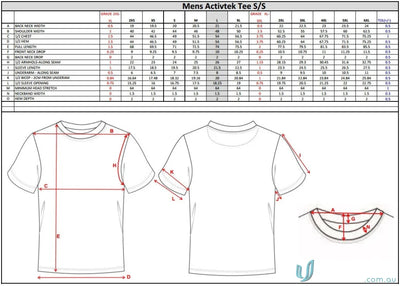 Men’s Activtek Tee size chart for TS110 custom made sublimated sports fabric shirts