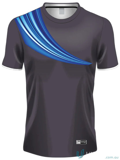 Gray T shirt with blue graphic from TS119 custom made sublimated garments on sport fabric
