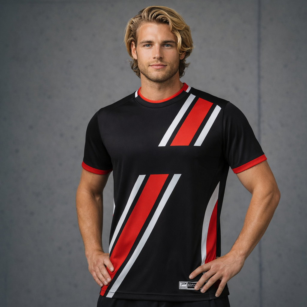 TS130 custom made sublimated black athletic shirt with red white stripes