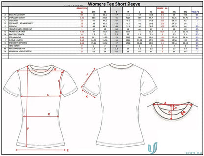 Women’s tee short sleeve size chart for TS132 Custom T-Shirt on sublimated garments brings sport fabric options