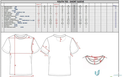 Youth tee size chart for TS133 custom made sublimated sports fabric tees