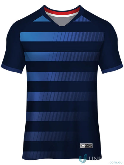 Blue striped V-neck T-shirt from TS135 Custom T-Shirt made with sublimated sports fabric