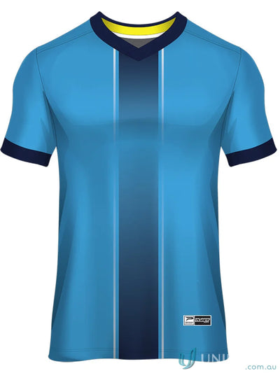 Blue and navy soccer jersey made with sublimated sports fabric for custom made garments