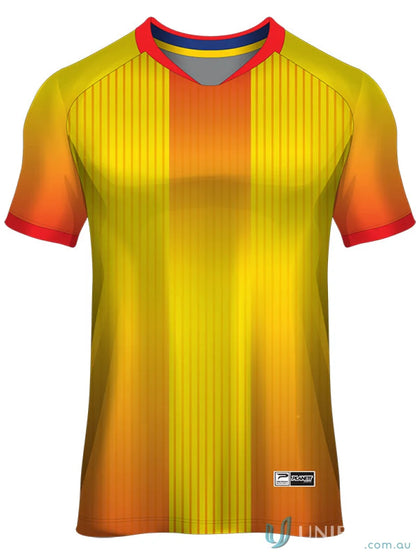 Yellow and orange striped soccer jersey from TS139 custom made sublimated sports fabric