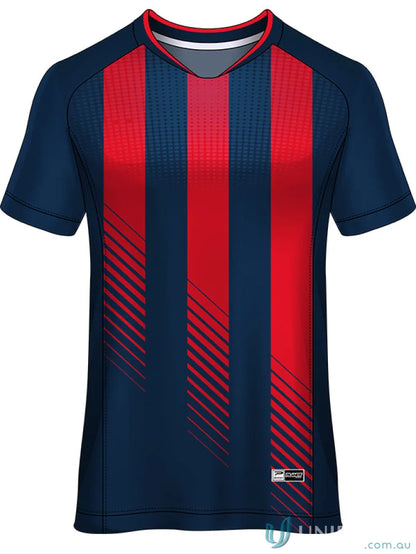 Blue and red striped soccer jersey from TS140 Custom T-Shirt, made with sublimated sports fabric