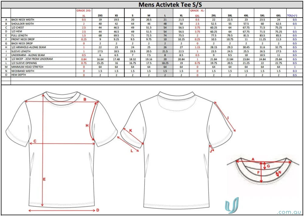 Men’s Activtek Tee sizing chart for TS140 custom made sublimated sports fabric garments