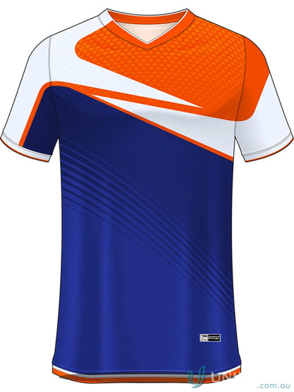 Orange white and blue soccer jersey from TS143 custom sublimated garments brings style