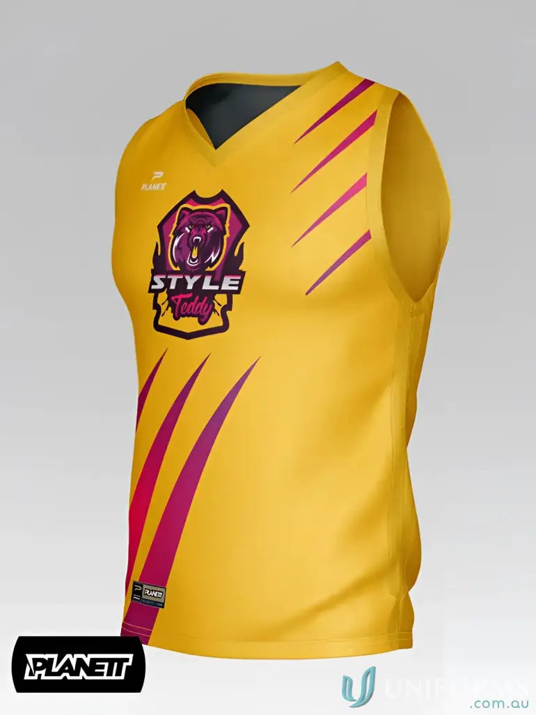 Yellow and purple sleeveless training tops made from sports fabric, custom made for performance