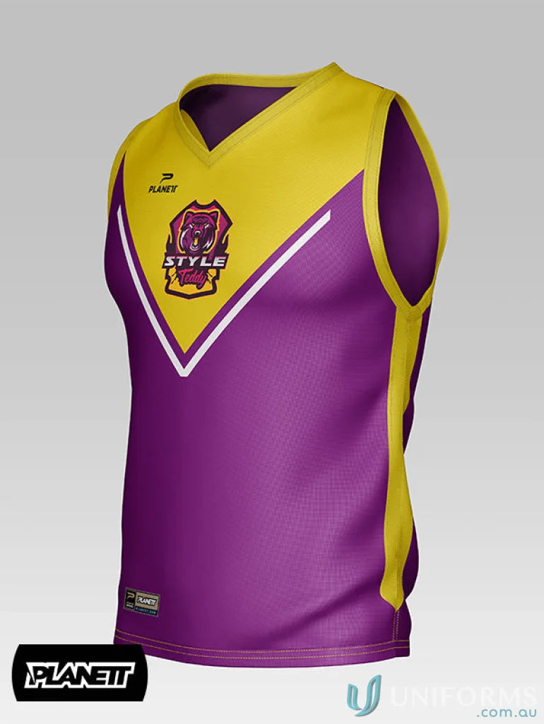 Purple and yellow sleeveless training tops in sports fabric from TT104 Custom Training Tops
