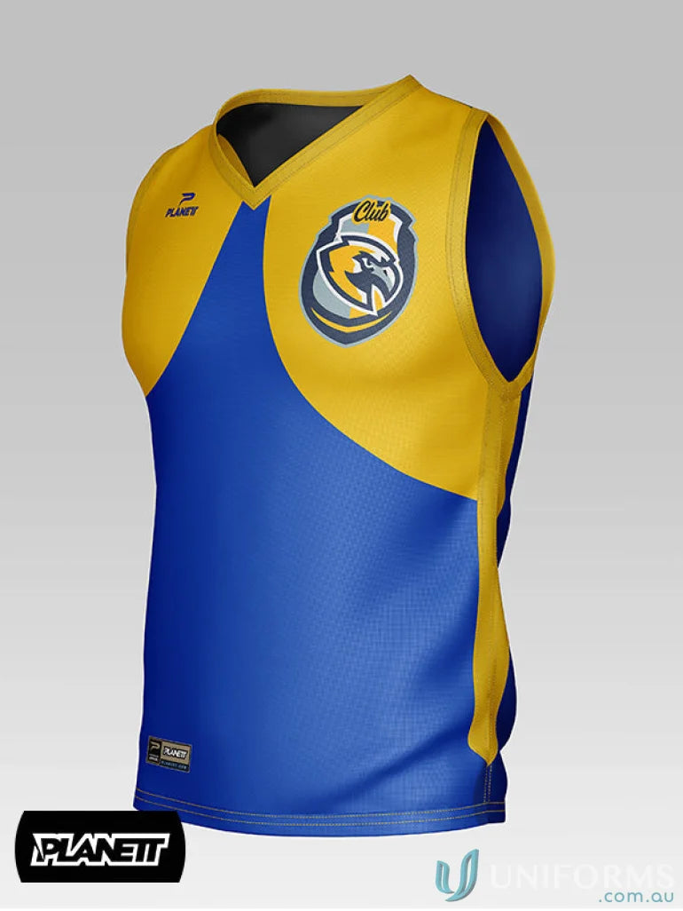 Blue and yellow athletic training tops in sports fabric from TT105 Custom Training Tops