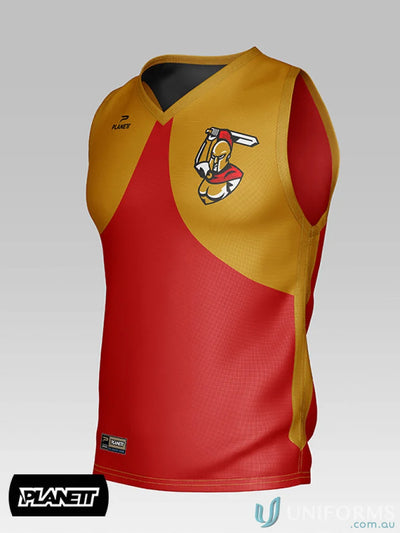 Red and gold sleeveless training tops made with custom sports fabric in the TT105 range