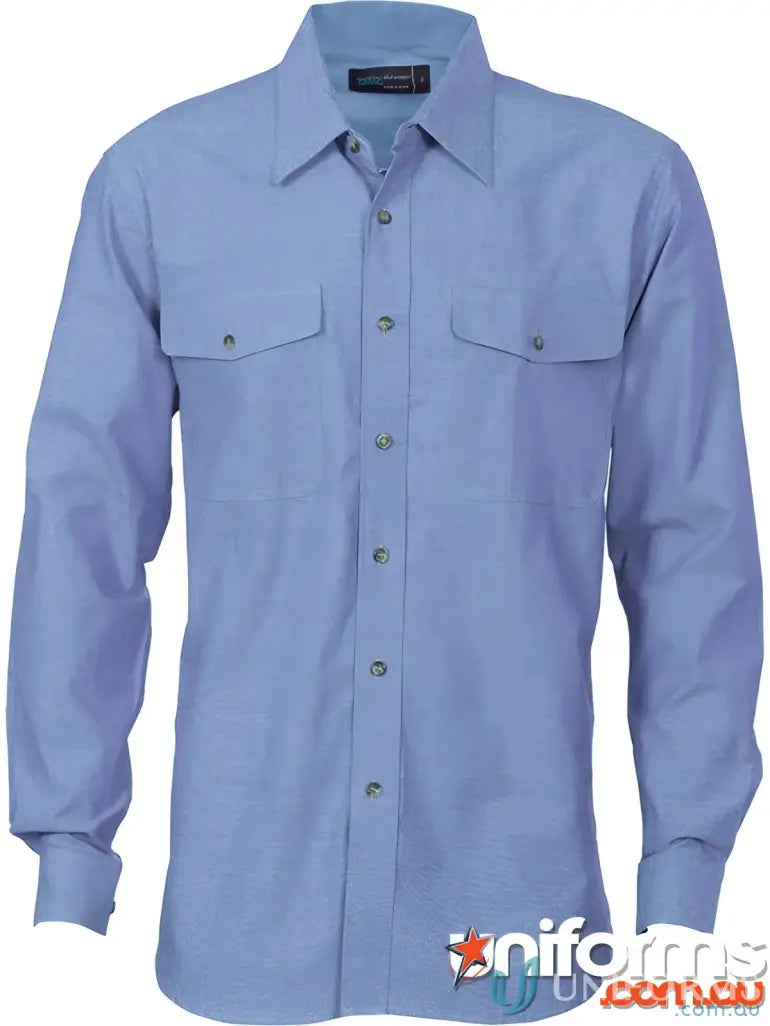 Blue long-sleeved work shirt with twin flap pocket in cotton chambray fabric