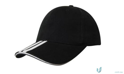 Black baseball cap with two striped peak and three white stripes on the brim