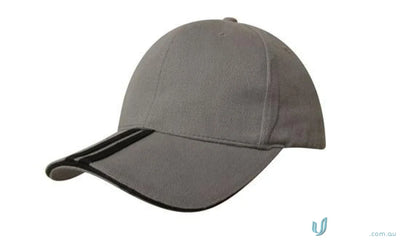 Gray baseball cap with black stripes on the brim, featuring the Two Striped Peak design
