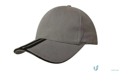 Gray baseball cap with black stripes on the brim, featuring the Two Striped Peak design