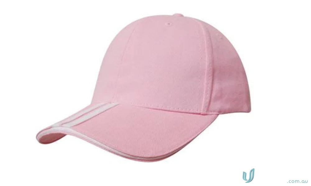 Light pink baseball cap with white trim featuring Two Striped Peak design