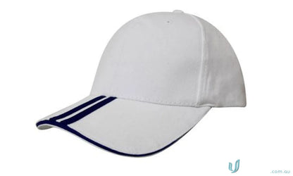 White Two Striped Peak and Sandwich Cap with dark blue striped peak for style