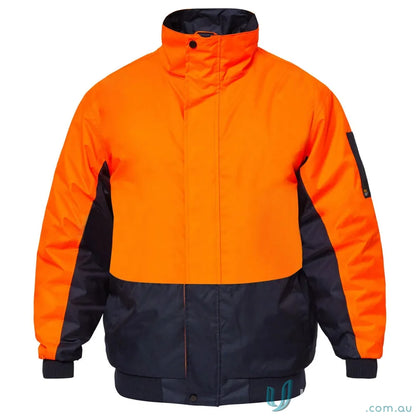 Orange and navy blue modern bomber jacket with hand warmer pockets, perfect for reliable winter uniforms