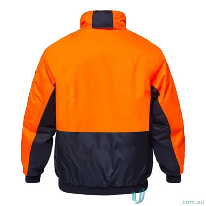 Orange and navy blue two tone modern bomber jacket with hand warmer pockets for reliable winter uniforms