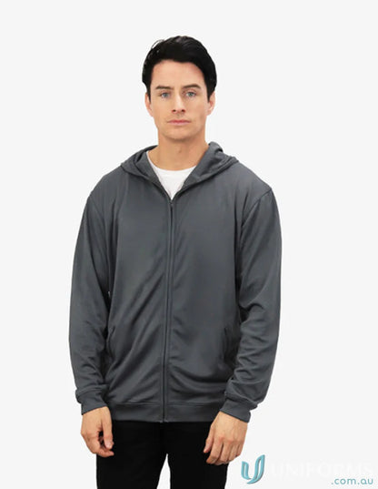 Gray hooded zip-up jacket with cooldry moisture management tech for all-day comfort