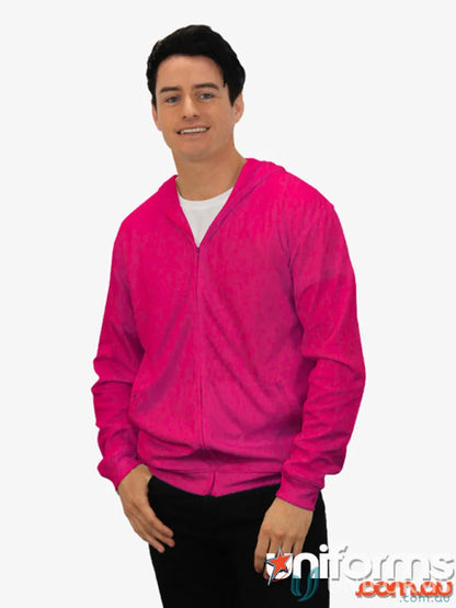 Man in pink Ultra Light Zip Adult Hoodie with cooldry moisture management technology
