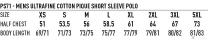 Men’s polo shirt size chart for PS71 Ultrafine Cotton and Cotton Pique Short Sleeve Polo