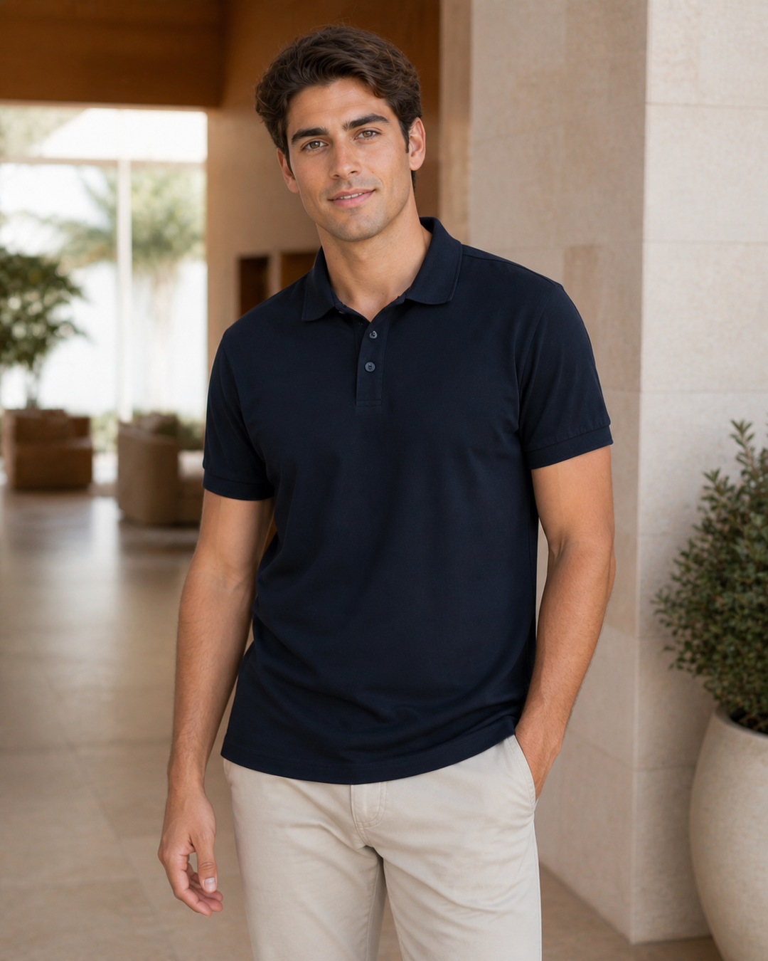 Male model wearing midnight navy Ultrafine Cotton Polo