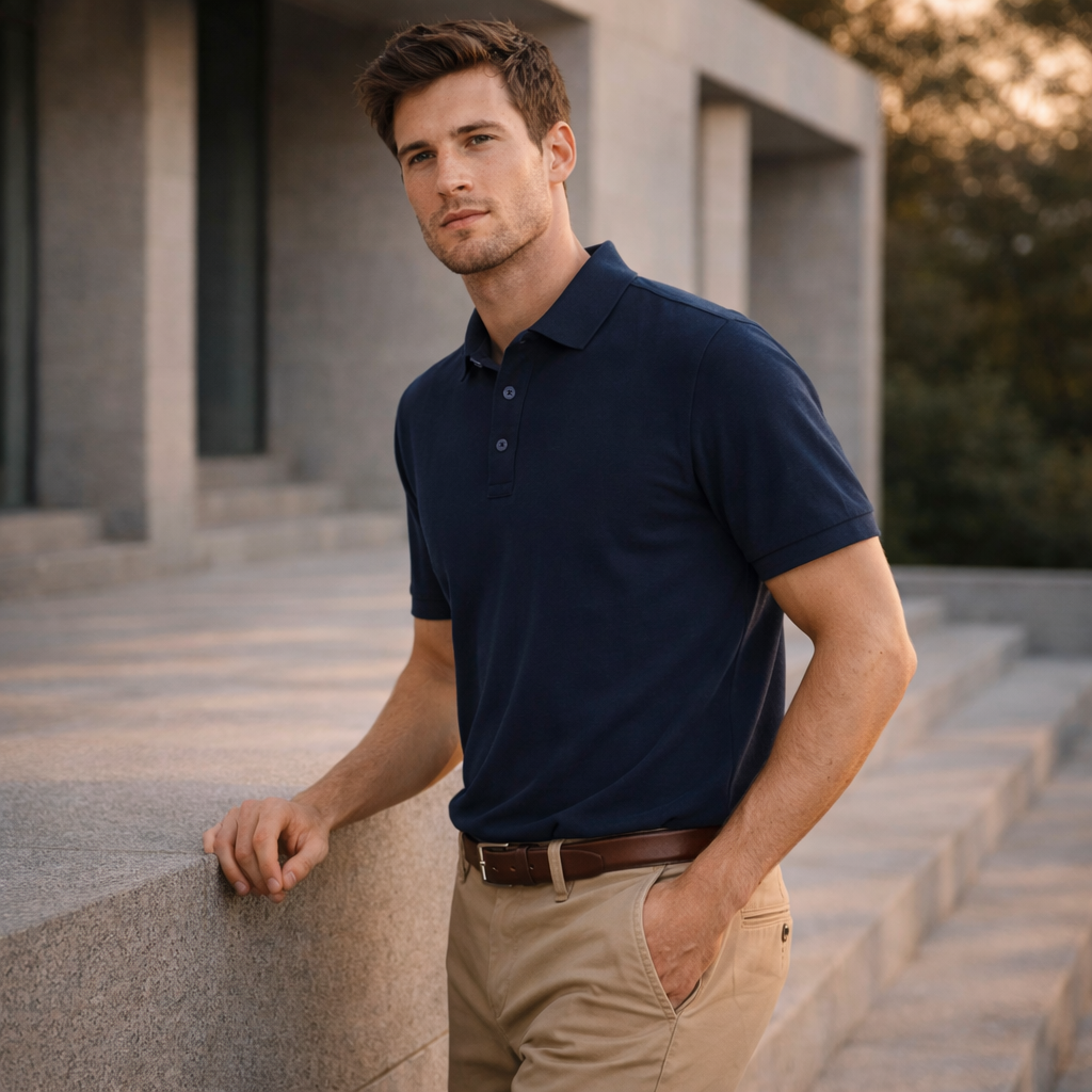 Navy blue ps71 ultrafine cotton pique polo short sleeve back view