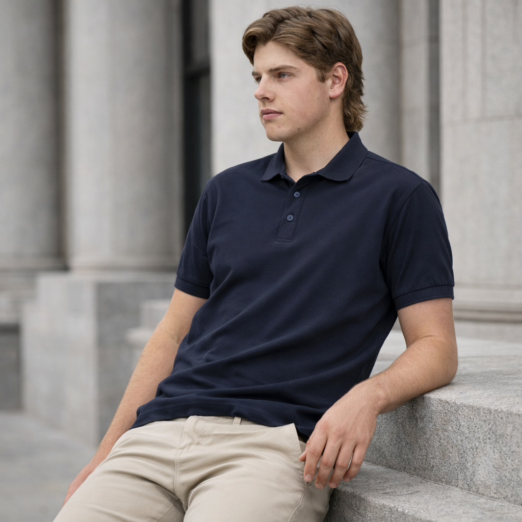 Navy blue ps71 ultrafine cotton pique polo short sleeve shirt