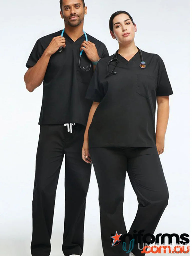 Black medical scrubs from Unisex 2 Pocket Scrub Set perfect for aged care jobs