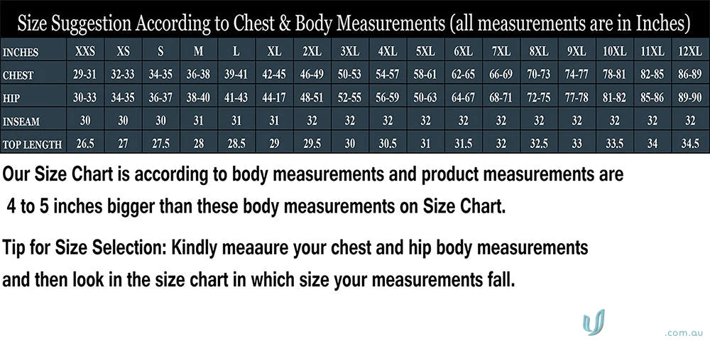 Clothing size chart for Unisex 2 Pocket Scrub Set with Chest Pocket for Aged Care