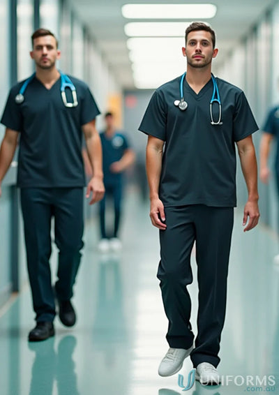 Unisex 2-pocket scrub set with stethoscope, perfect for aged care professionals