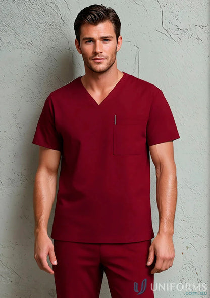 Maroon unisex scrub set with chest pocket and built-in pencil holder perfect for medical professionals