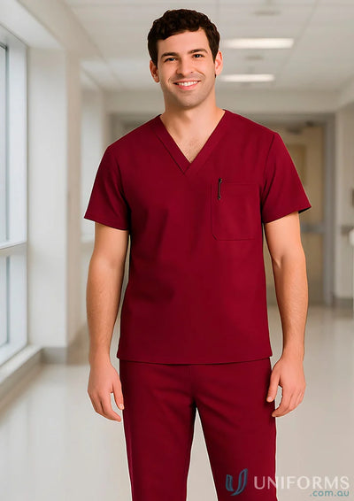 Maroon unisex scrub set with chest pocket and built-in pencil holder for healthcare wear