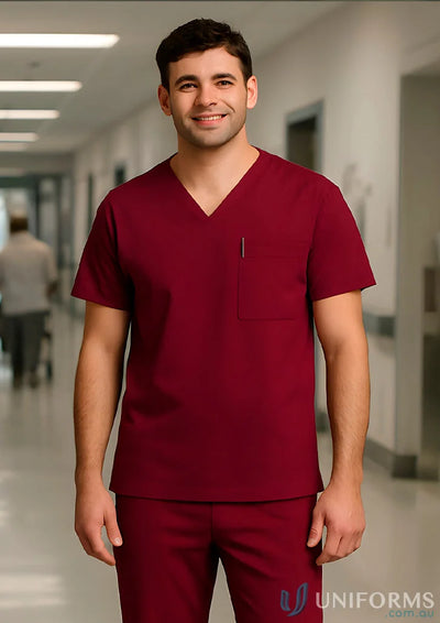 Maroon unisex scrub set with chest pockets and built-in pencil holder perfect for medical workers