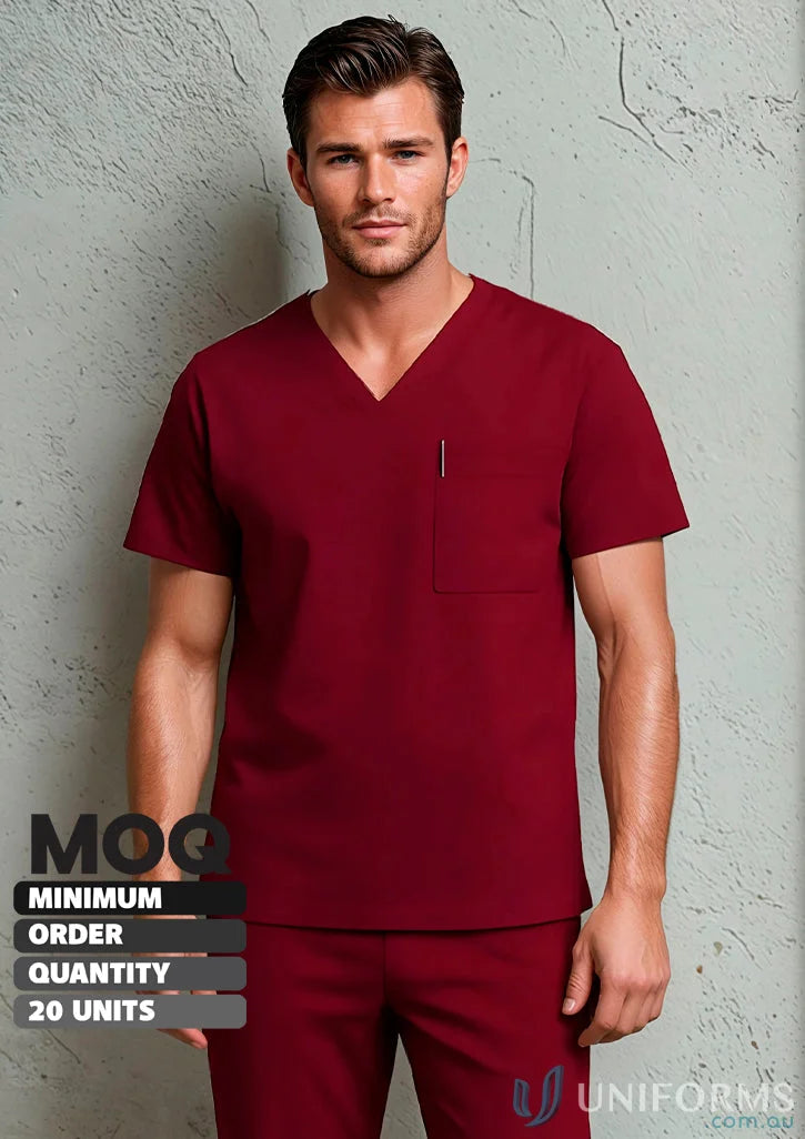 Maroon unisex scrub set with chest pocket and built-in pencil holder for healthcare pros