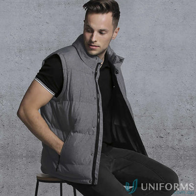 Gray basin puffa vest with zippered internal storage and poly-fill padding