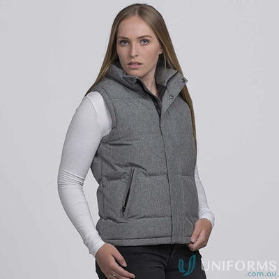 Gray basin puffa vest with zippered internal storage and poly-fill padding